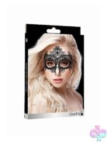 Handmade black lace Venetian-inspired eye mask with adjustable ribbons by Shots Toys