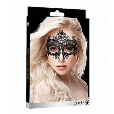 Handmade black lace Venetian-inspired eye mask with adjustable ribbons by Shots Toys