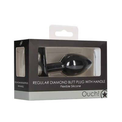 Black silicone butt plug with 3-crystal rhinestone handle by Shots Toys