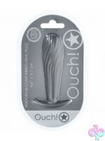 Ribbed gun-metal silicone anal plug with tapered tip and flared base by Shots Toys