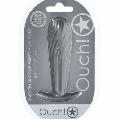 Ribbed gun-metal silicone anal plug with tapered tip and flared base by Shots Toys