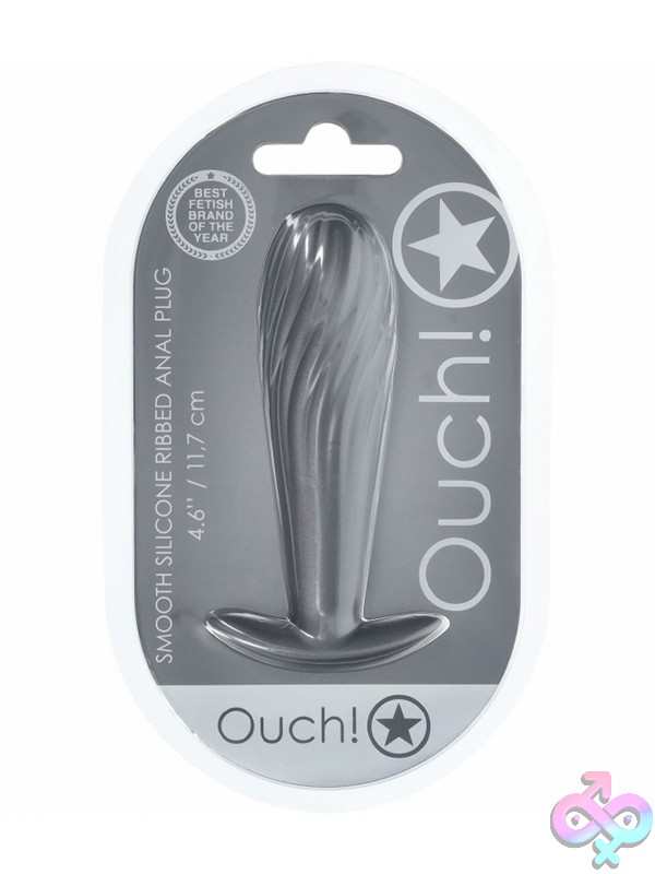 Discreet-Toys-Ouch-Ribbed-Anal-Plug-Silicone-Gun-Metal-Nu-St-Ou1025Gun Ribbed Gun-Metal Silicone Anal Plug With Tapered Tip And Flared Base By Shots Toys