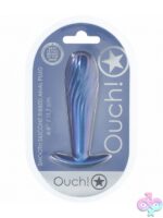 Ouch ribbed silicone anal plug in metallic blue and purple on neutral background
