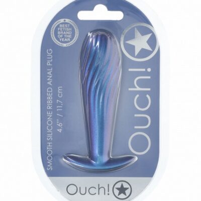 Ouch ribbed silicone anal plug in metallic blue and purple on neutral background