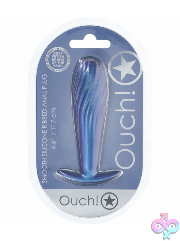 Discreet-Toys-Ouch-Ribbed-Anal-Plug-Silicone-Metallic-Blue-Nu-St-Ou1025Mbl Ouch Ribbed Silicone Anal Plug In Metallic Blue And Purple On Neutral Background