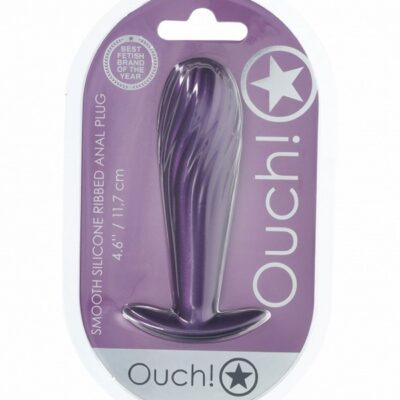 Ouch ribbed silicone anal plug in metallic blue and purple on neutral background