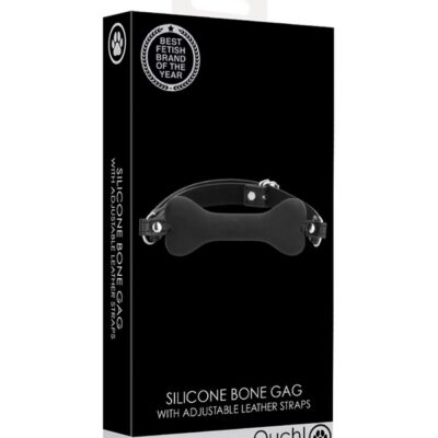 Black medical-grade silicone bone gag with adjustable band by Shots Toys