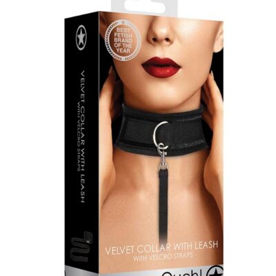 Adjustable black velvet collar and leash set with O-ring and quick-release clip by Shots Toys