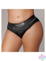 Vibrating high-cut strap-on brief in black XL/XXL with rechargeable bullet by Shots Toys