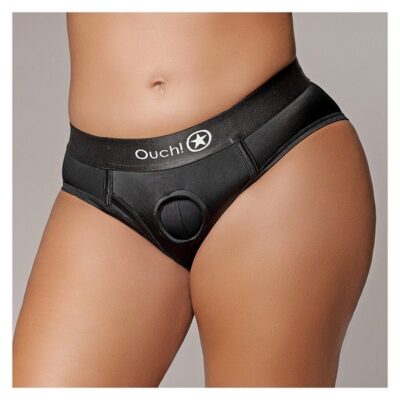 Vibrating high-cut strap-on brief in black XL/XXL with rechargeable bullet by Shots Toys