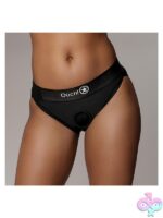 Black lace vibrating strap-on hipster harness M/L by Shots Toys shown flat against neutral background