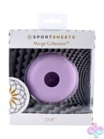 Ove Dildo & Harness purple silicone cushion by Sportsheets shown from above on neutral background