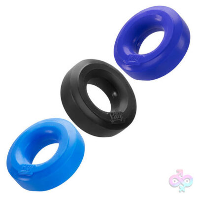 Hunkyjunk Huj3 C Ring 3 Pk in blue by Oxballs — stretchy silicone and TPE cock ring set