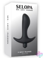 Asymmetrical thumb-shaped black vibrating silicone p-spot plug with flared safety base by Selopa