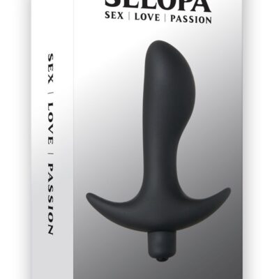 Asymmetrical thumb-shaped black vibrating silicone p-spot plug with flared safety base by Selopa