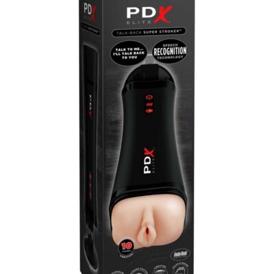 PDX Elite Talk Back Super Stroker beige interactive vibrating stroker with suction cup base by Pdx Brands