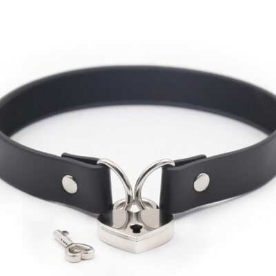 Soft black PVC locking collar choker with silver heart lock by S&G Pleasure