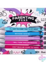 Wood Rocket Parenting Pens 5-Pack multicolor ballpoint pen set with humorous printed designs