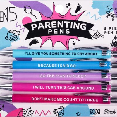 Wood Rocket Parenting Pens 5-Pack multicolor ballpoint pen set with humorous printed designs