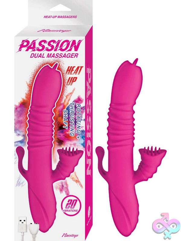Discreet-Toys-Passion-Dual-Massager-Heat-Up-Pink-Nu-Nw3111 Pink Warming Rabbit-Style Dual Massager With Flicking Tongue And Thrusting Action By Nasstoys