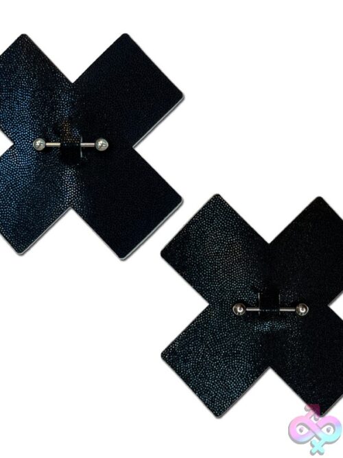 Pastease Pierced Pasties Liquid Black Cross Plus X With Barbell Piercing - Image 2