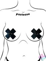 Cross pasties with barbell liquid black by Pastease — bold nipple cover with stainless steel accent