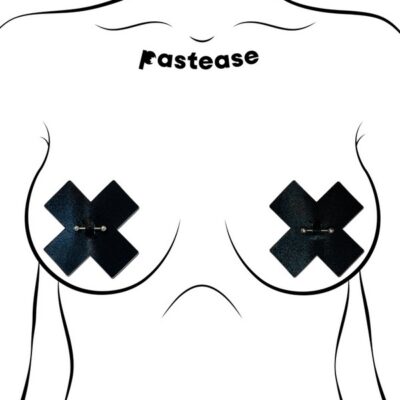 Cross pasties with barbell liquid black by Pastease — bold nipple cover with stainless steel accent