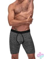 Male Power Peak Performance Long Leg Short in gray, shown from front highlighting enhancing support pouch and above-the-knee cut