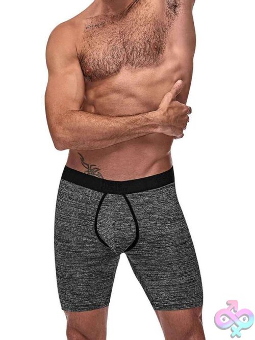 Male Power Peak Performance Long Leg Short In Gray, Shown From Front Highlighting Enhancing Support Pouch And Above-The-Knee Cut