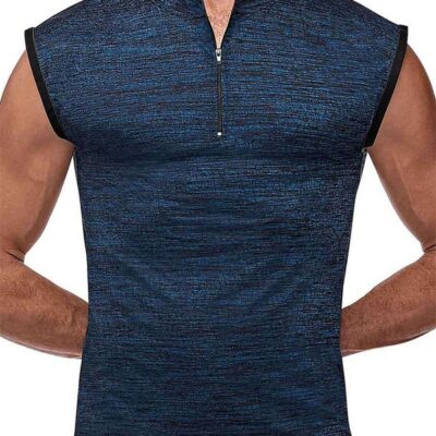 Male Power Peak Performance Zipper Muscle Tank in blue shown on male model highlighting athletic fit and mock turtleneck zipper detail