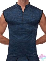 Male Power Peak Performance Zipper Muscle Tank in blue shown on male model highlighting athletic fit and mock turtleneck zipper detail
