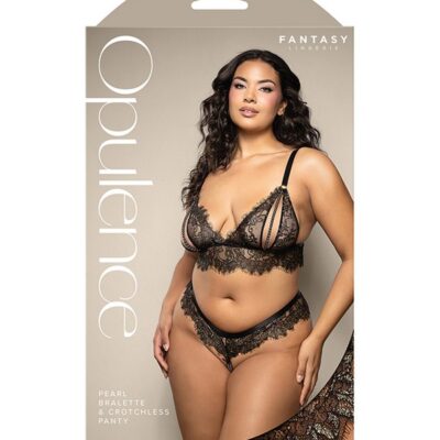 Black shimmer lace pearl bralette and crotchless panty set queen size by Fantasy Lingerie