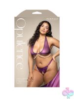 Iridescent purple mesh pearl draped halter bralette and crotchless panty curvy set by Fantasy Lingerie