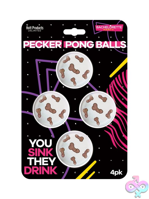 Discreet-Toys-Pecker-Beer-Pong-Balls-4Pk-Nu-Hp-3539 Four White Rubber Pecker-Shaped Pong Balls Set On A Table By Hott Products