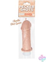 Pecker-shaped shot syringe in beige and brown holding 3 oz for bachelorette party fun