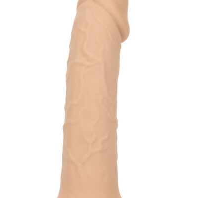 Performance Maxx Life Like Extension With Harness by CalExotics — brown hollow silicone sleeve with adjustable harness