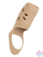 rechargeable vibrating penis sleeve Performance Maxx by CalExotics in beige and brown