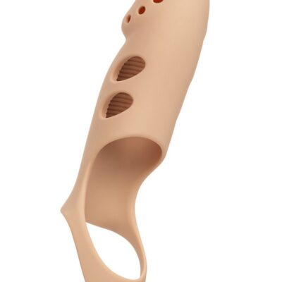 studded vibrating penis sleeve Performance Maxx Rechargeable Stud by CalExotics in beige and brown