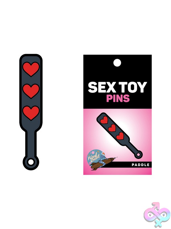 Discreet-Toys-Pin-Heart-Paddle-Nu-Ept-022 Black Soft Enamel Heart Paddle Lapel Pin With Red Hearts By Wood Rocket