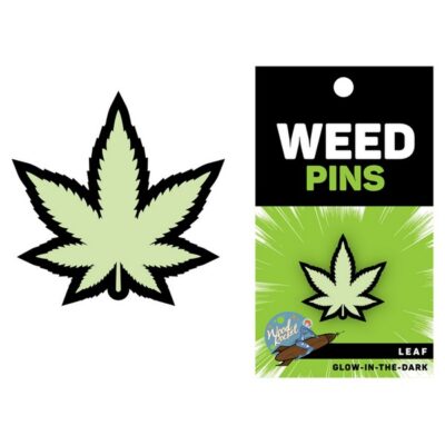 Glow-in-the-dark green pot leaf enamel pin by Wood Rocket