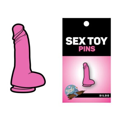 Pink soft enamel dildo lapel pin on metal backing by Wood Rocket