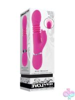 Thrusting rabbit vibrator with curved G-spot head and flexible clitoral stimulator in purple by Evolved Novelties