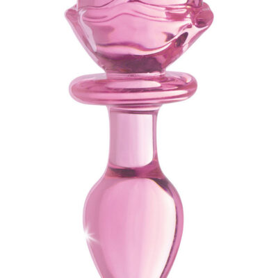 Pink Rose Glass Anal Plug by XR Brands — borosilicate glass with tapered tip and decorative rose base