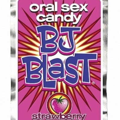 BJ Blast Strawberry oral sex candy by Pipedream, pink strawberry flavored adult candy packet