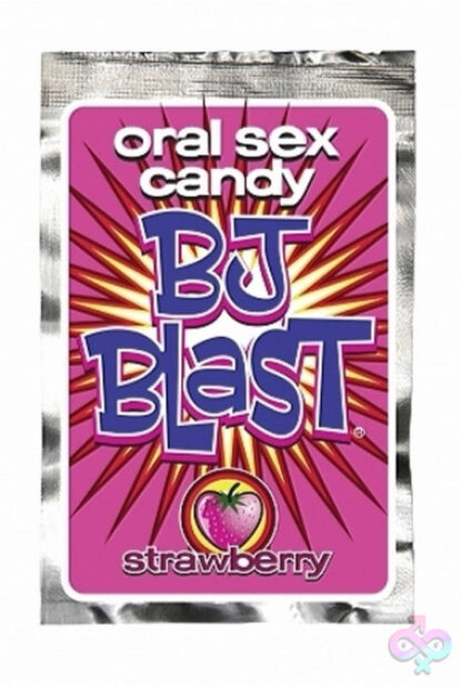 BJ Blast Strawberry oral sex candy by Pipedream, pink strawberry flavored adult candy packet