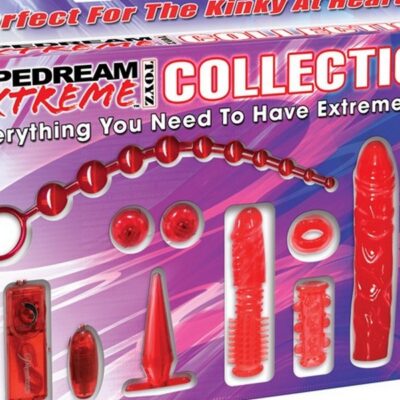 Complete red rubber couples pleasure kit with bullet vibe cockring and anal beads by PDX Brands