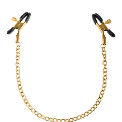 Fetish Fantasy Gold Chain Nipple Clamps in gold by Pipedream — adjustable metal clamps with rubber liners