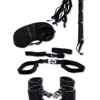 Fetish Fantasy Series Bedroom Bondage Kit by Pipedream in black — restraints, whip, mask, bedpost extensions
