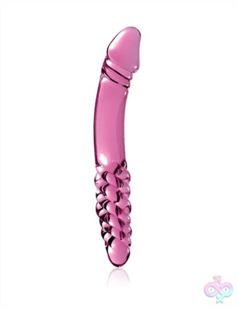 Icicles No 57 double-sided pink glass dildo by Pipedream — curved G-spot stimulator with ribbed swirl texture