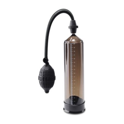 Pump Worx Euro Pump in black by Pipedream — manual penis pump with transparent cylinder and bulb